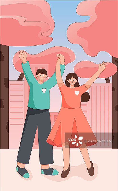 七夕情人节情侣举起双手插画图片素材