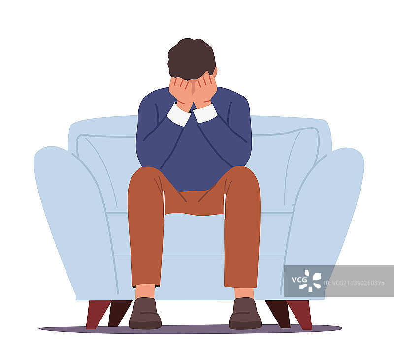 焦虑的男人坐在沙发上用手捂住脸图片素材