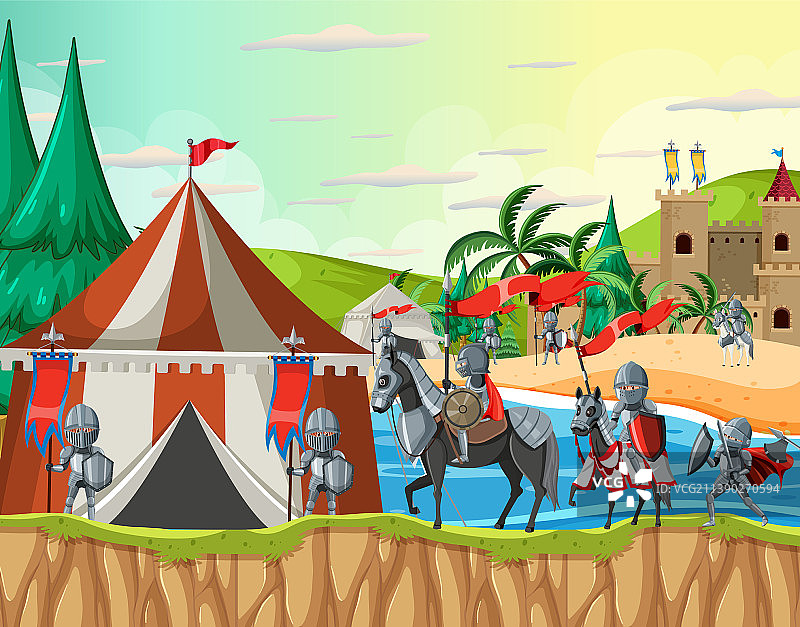 卡通中世纪军营场景与骑士图片素材