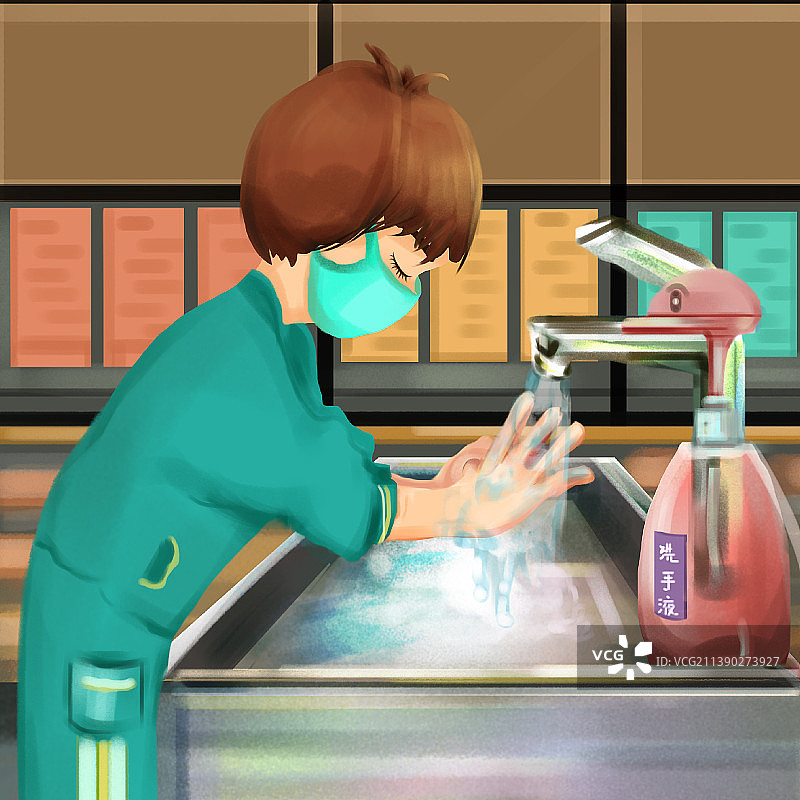 校园防疫主题插画创作食堂餐前洗手消毒图片素材