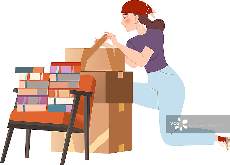 年轻女人打包纸箱搬家图片素材