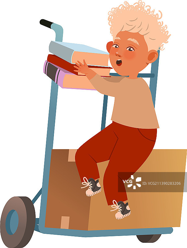 坐在手推车纸箱上的可爱男孩图片素材
