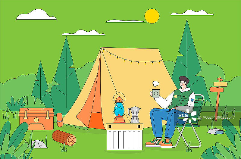一个人郊游帐篷露营插画图片素材