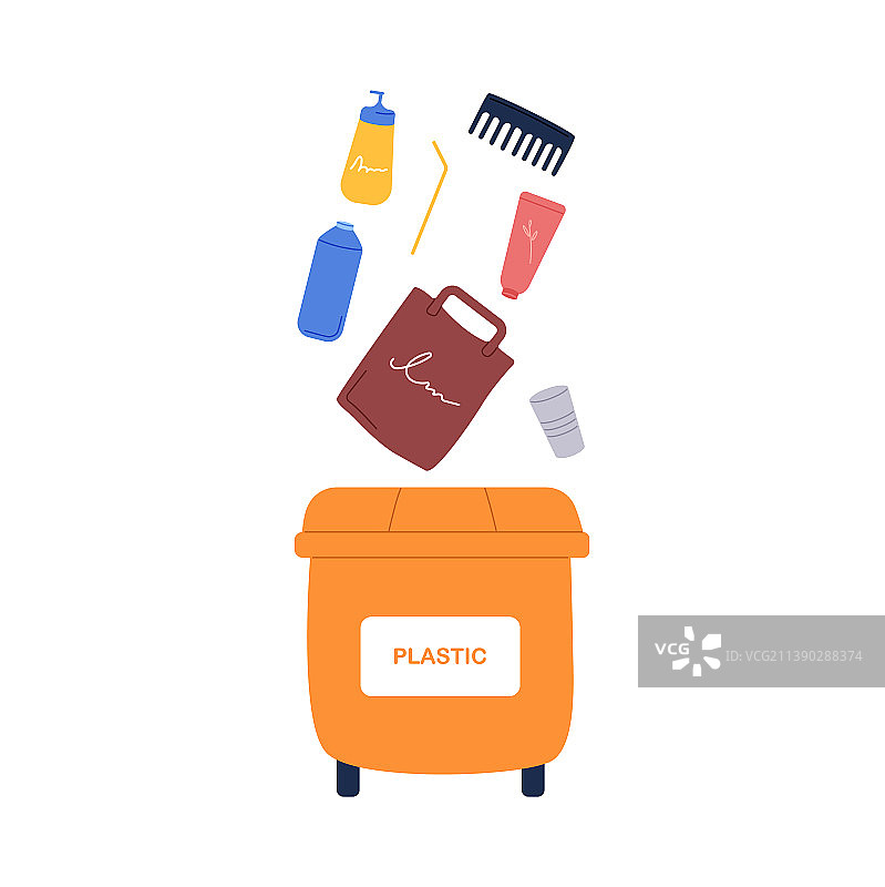 橙色垃圾箱中的塑料垃圾图片素材