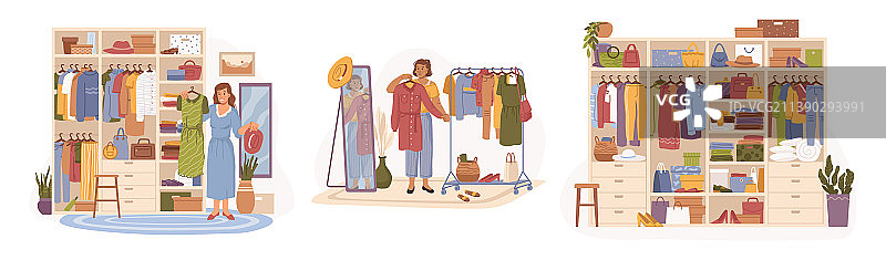 女人从衣柜更衣室套装中选择衣服图片素材