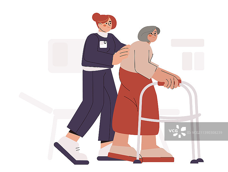 护士帮助老人使用助行器行走图片素材