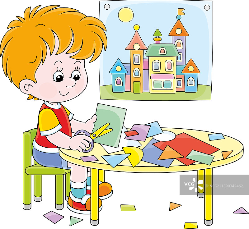 小男孩用彩色纸剪纸图片素材