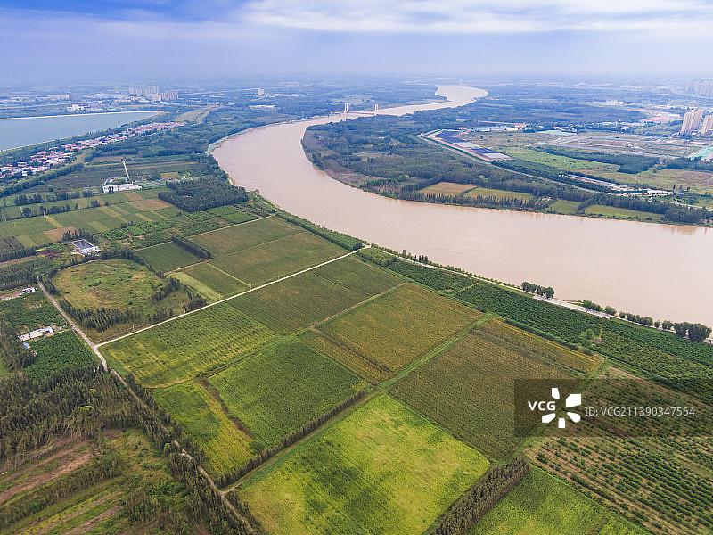 山东济南黄河田野航拍丰收图片素材