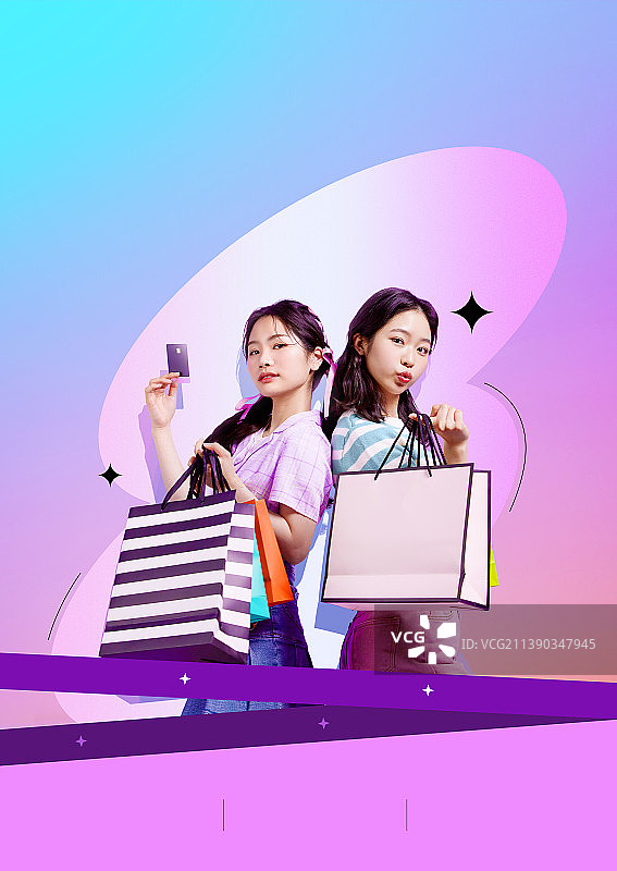 Z世代购物活动海报：年轻韩国女孩手提购物袋和信用卡图片素材