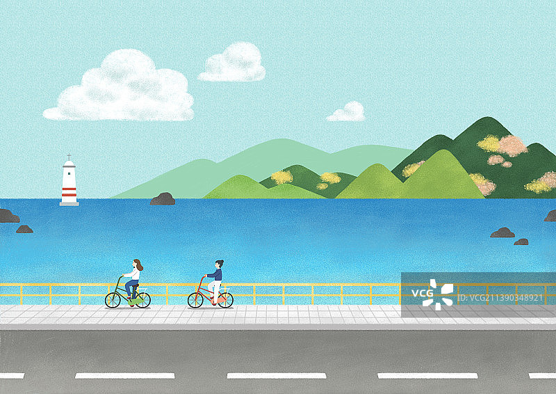 朋友们在沿海公路上骑自行车的春季风景矢量图图片素材
