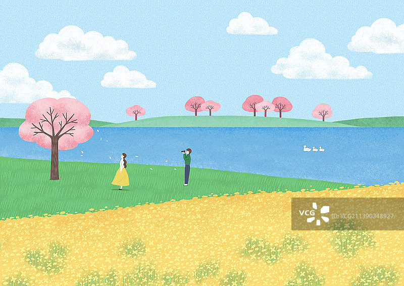 美丽的春景绘画矢量插画与樱花图片素材