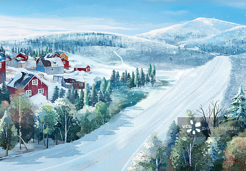 北欧雪国小镇俯瞰图图片素材