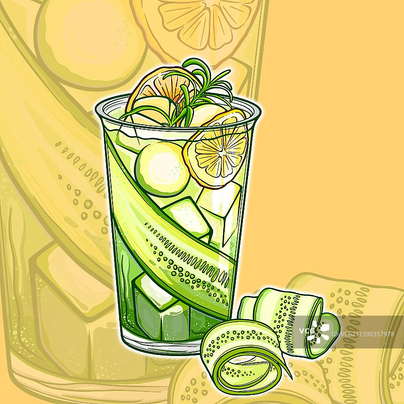 夏日饮品饮料广告海报解暑纳凉线性画风黄瓜柠檬绿茶图片素材