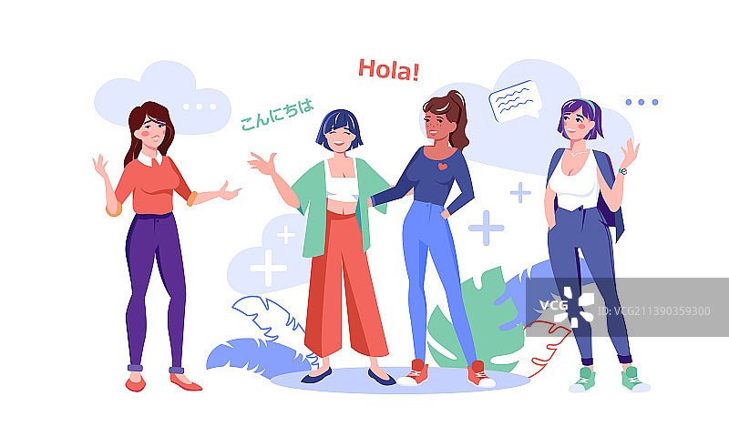 扁平风格女人用不同语言交谈图片素材