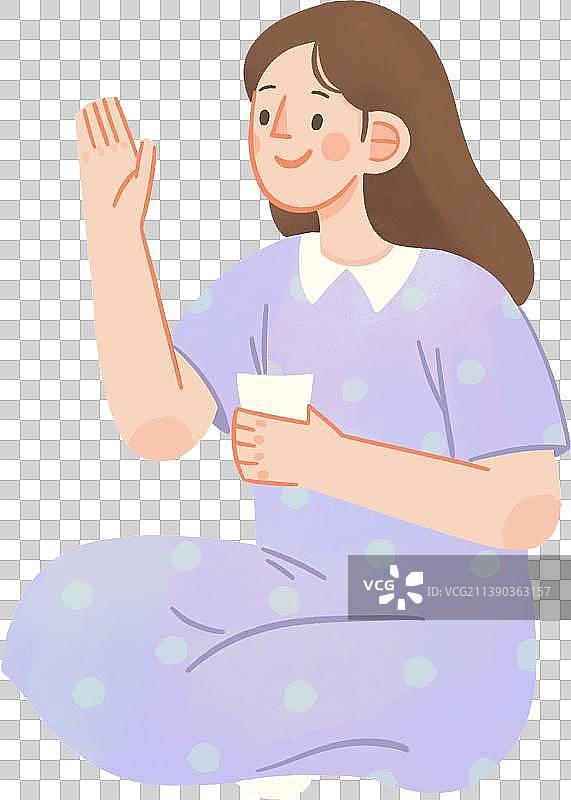 手绘可爱的坐着喝茶的女性图片素材