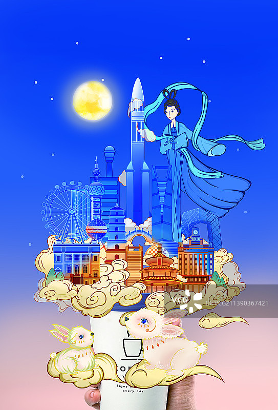 生肖兔和宇宙飞船元素图片素材