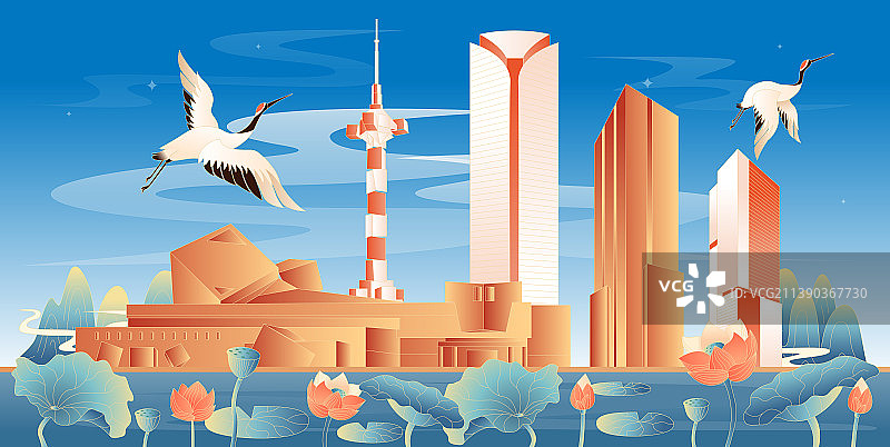 盐城地标建筑国潮插画图片素材
