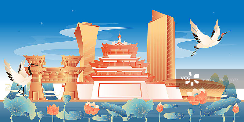 咸阳地标建筑国潮插画图片素材