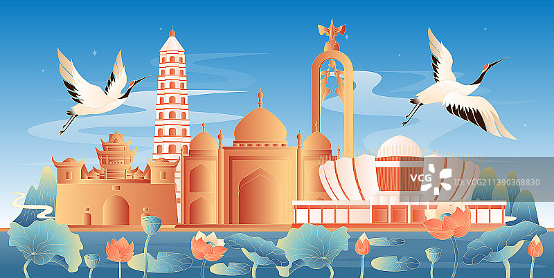 银川地标建筑国潮插画图片素材