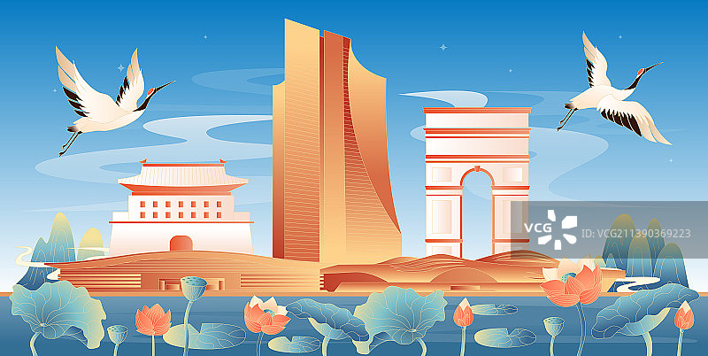 廊坊地标建筑国潮插画图片素材