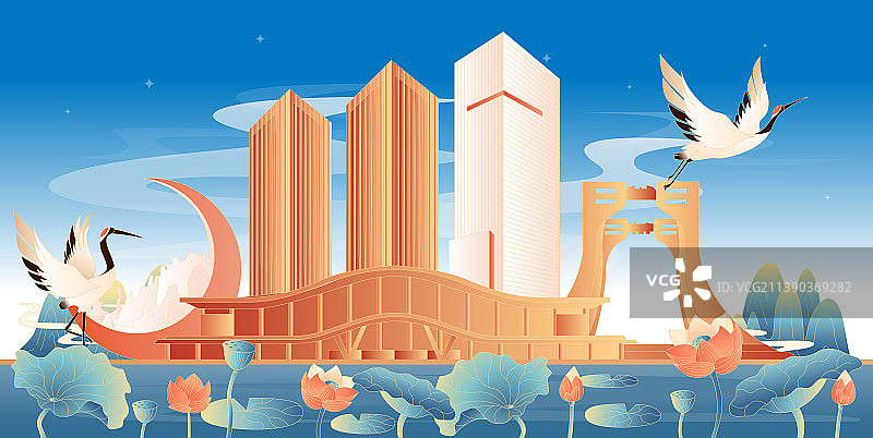 上饶地标建筑国潮插画图片素材