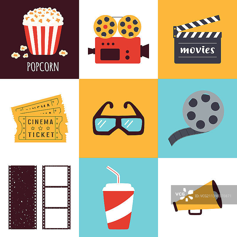 扁平风格电影院图标合集图片素材
