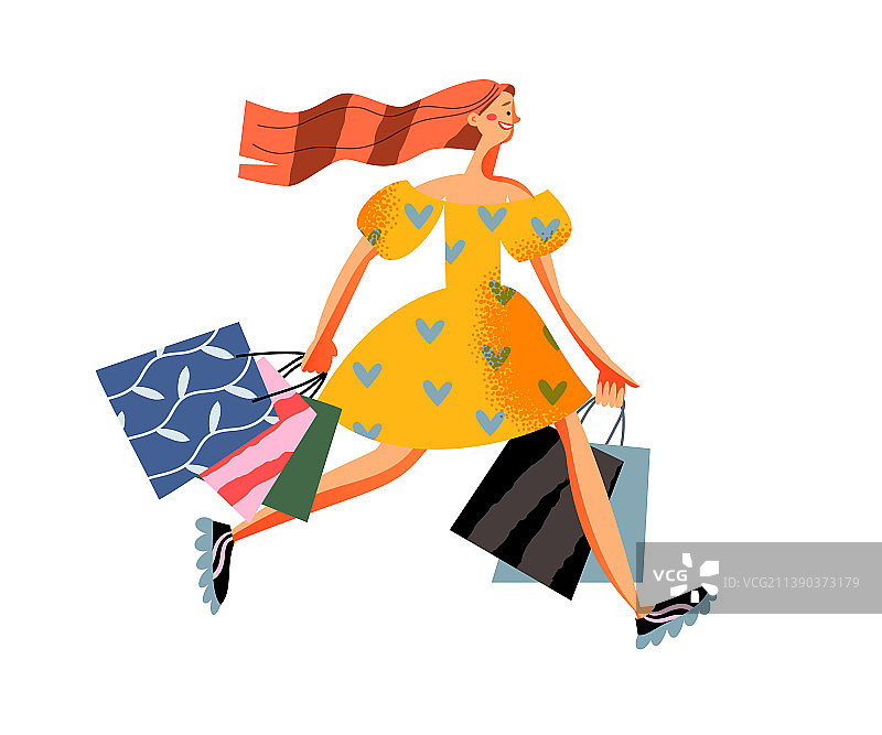 拿着购物袋在黑色背景上奔跑购物的女孩图片素材