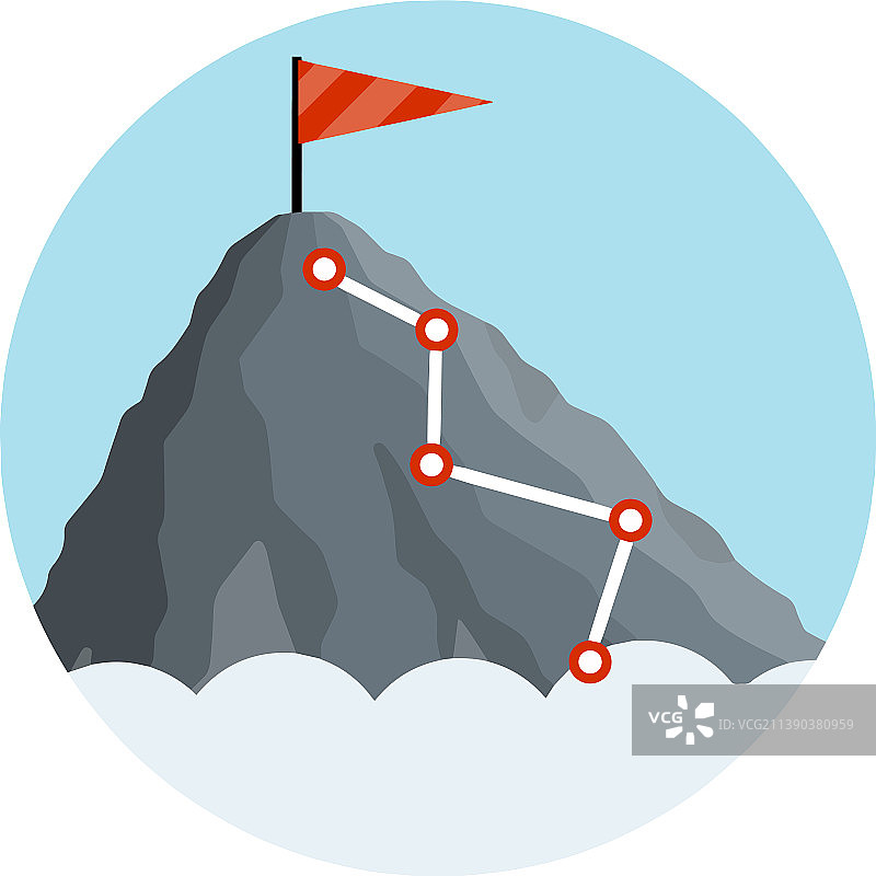 攀登带有红旗的山峰图片素材