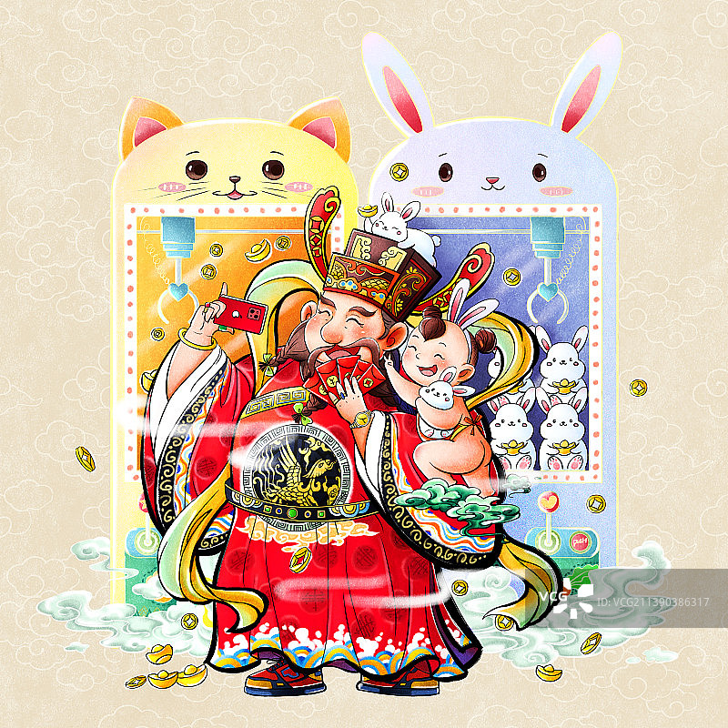 春节财神国风创意插画图片素材
