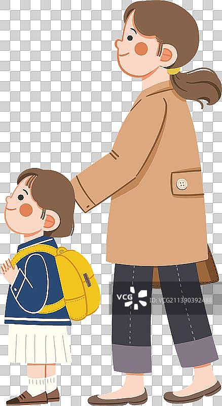 卡通可爱风格开学季送学生上学的妈妈图片素材