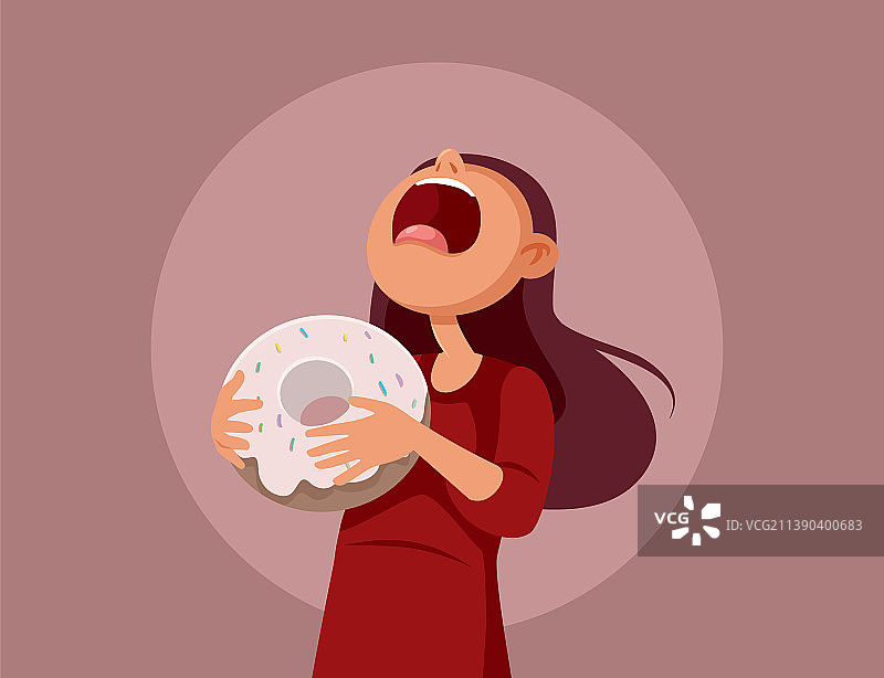 饥饿的女孩拿着一个巨大的甜甜圈卡通图片素材