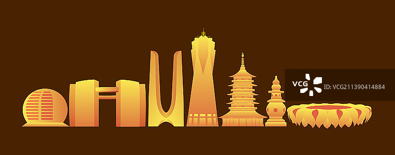 黑金杭州天际线建筑矢量影插画，杭州庆典宣传插画，新年双十一双十二金融插画图片素材