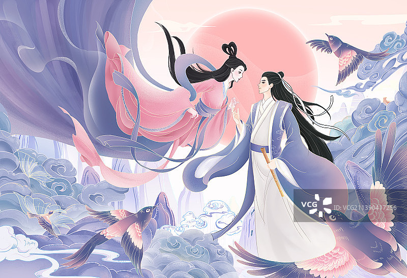 七夕牛郎织女约会图片素材