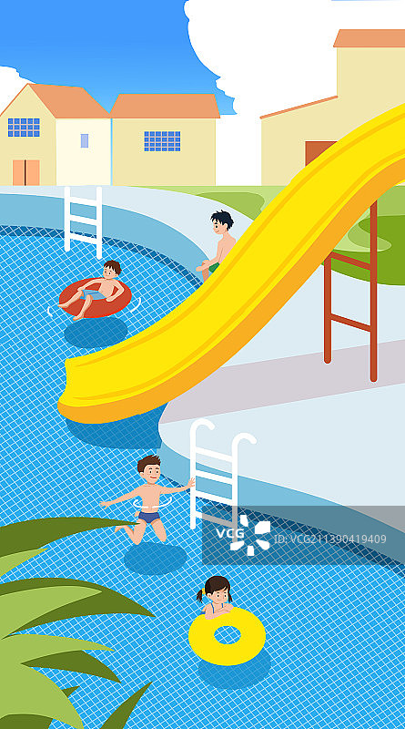 夏天夏季炎热气候户外游泳池暑假度假游玩游泳池戏水欢乐插画图片素材