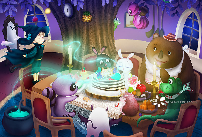 森林里小动物和魔法师的美食分享大会儿童插画图片素材