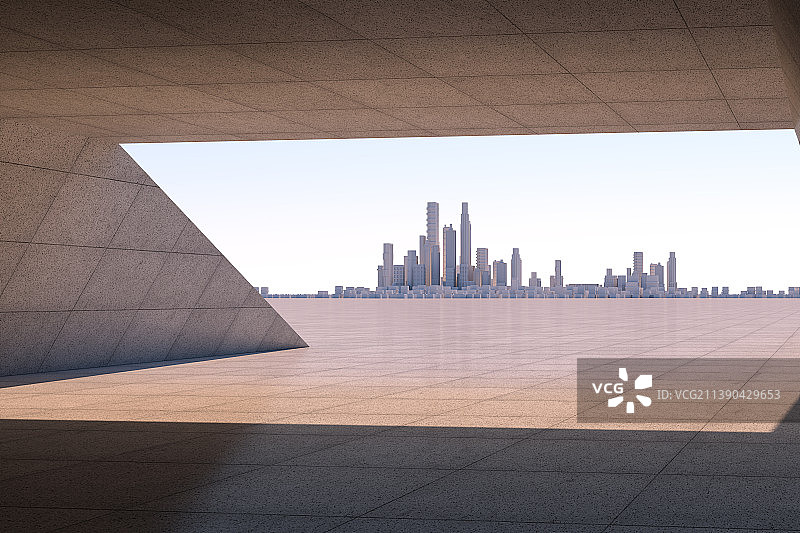 3D空旷地面和天际线现代建筑图片素材