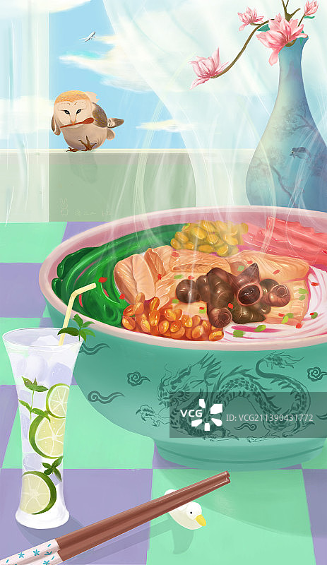 偷吃螺蛳粉的猫头鹰图片素材