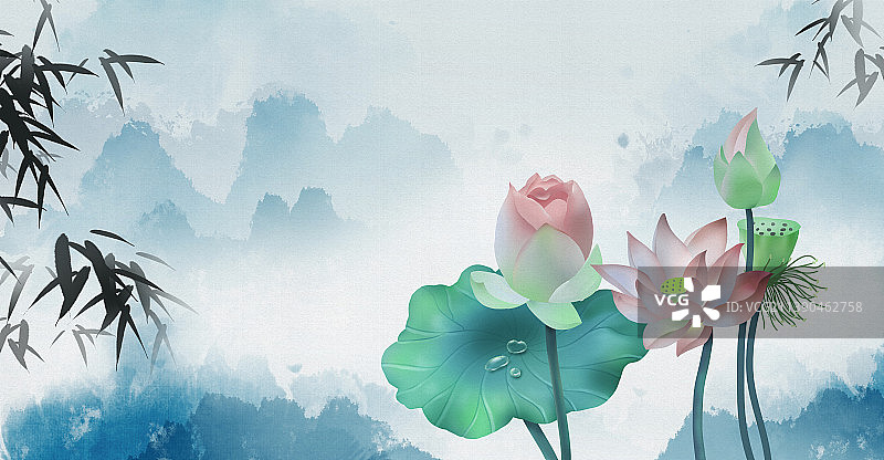 手绘荷花背景图片素材