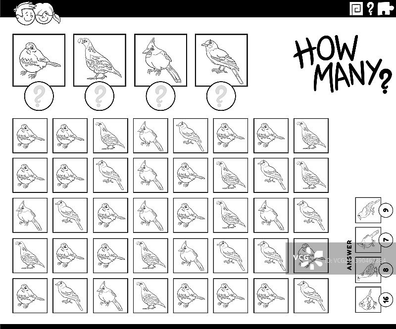 卡通小鸟数数涂色游戏图片素材