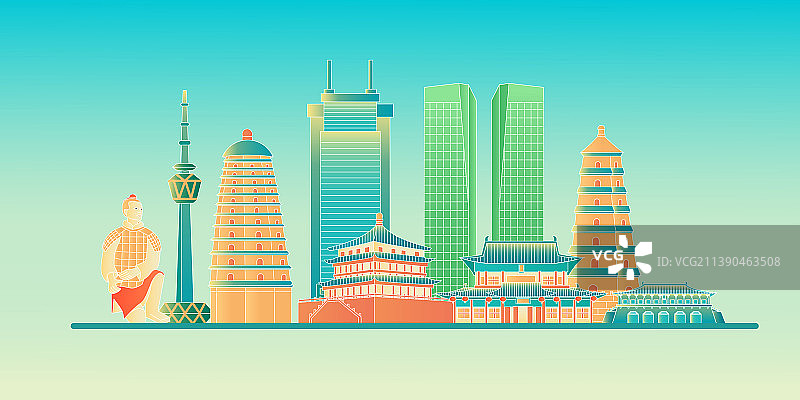 陕西西安城市建筑群矢量插画图片素材