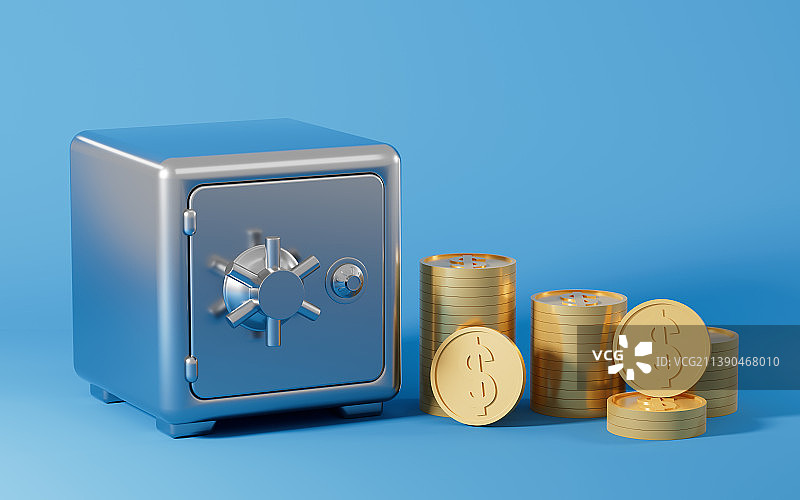 保险箱与金币3D渲染图片素材
