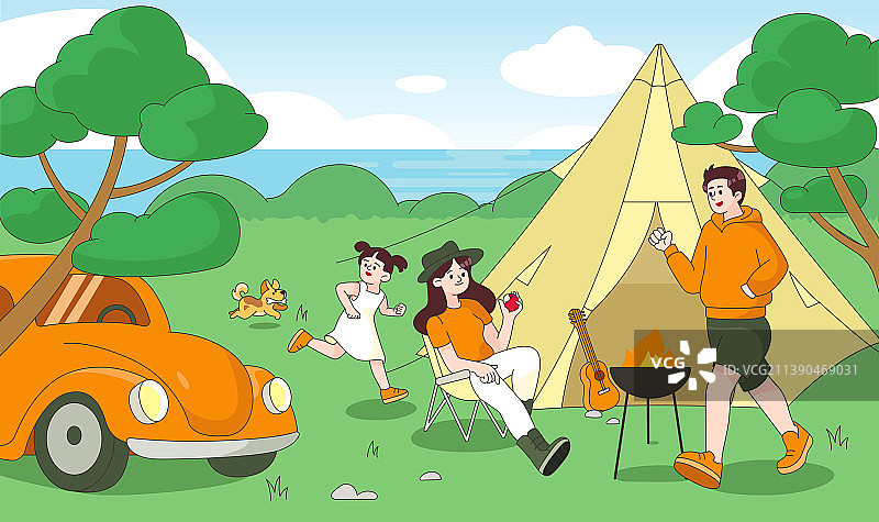 周末露营一家人分层矢量插画图片素材