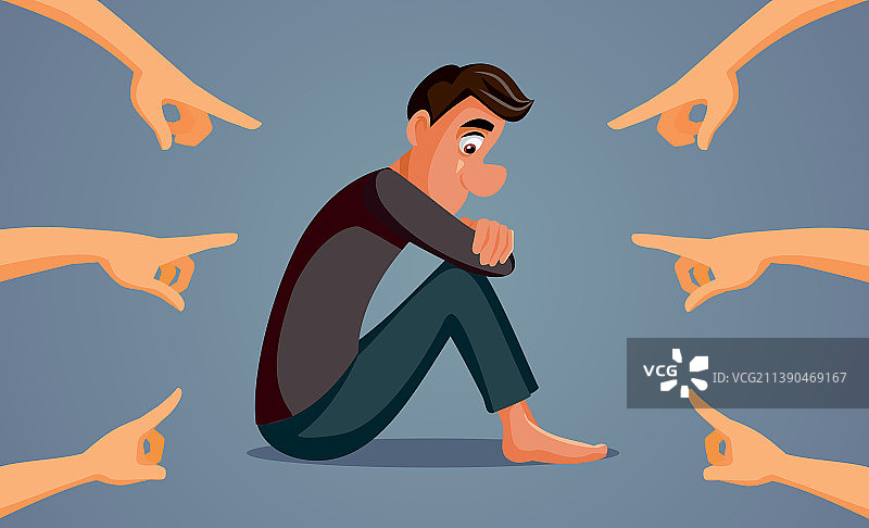 手指指向悲伤沮丧的卡通男人图片素材