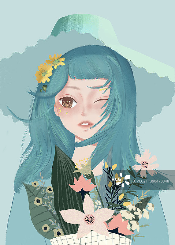 手捧花的少女图片素材