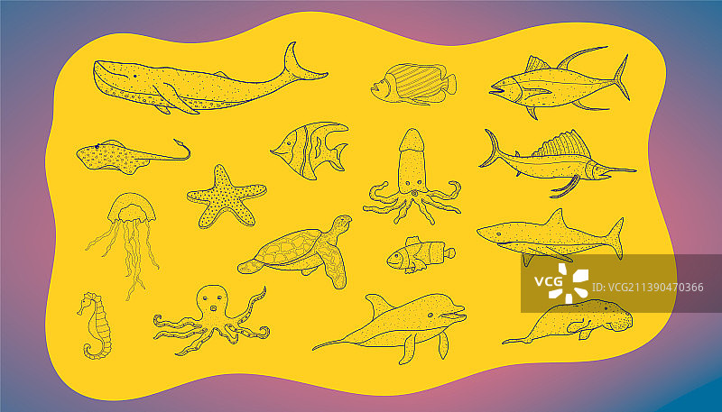 海洋可爱动物涂鸦手绘合集图片素材