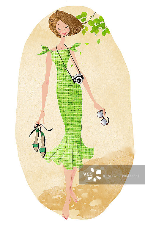 夏天穿绿色裙子的女孩图片素材