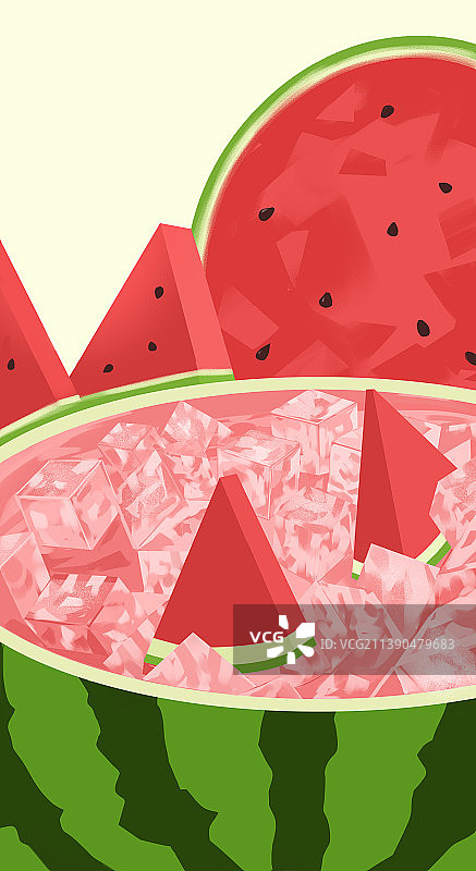 暑假暑期炎热气候解暑水果西瓜冰块消暑小清新插画图片素材