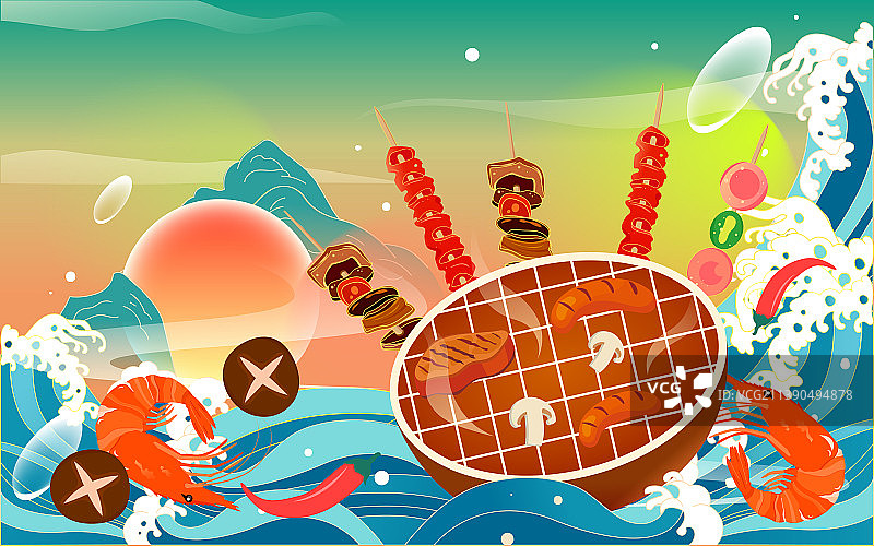 吃货节夏日夜宵美食烧烤餐饮大排档国潮插画图片素材