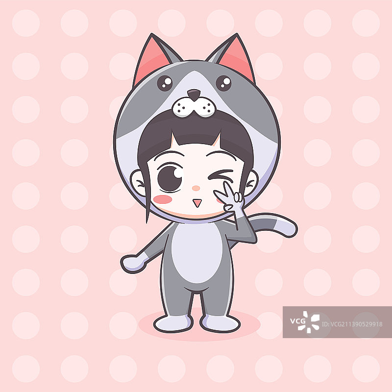 可爱的猫咪服装女孩卡通图片素材