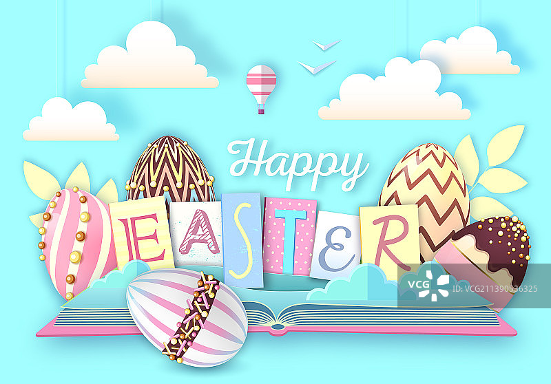 带有复活节彩蛋的打开的童话书图片素材